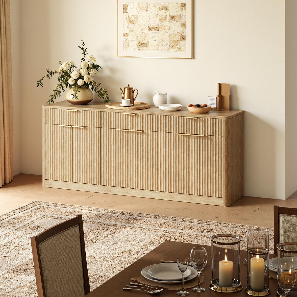67" Fluted Oak Sideboard Buffet Cabinet with 3 Drawers T657221