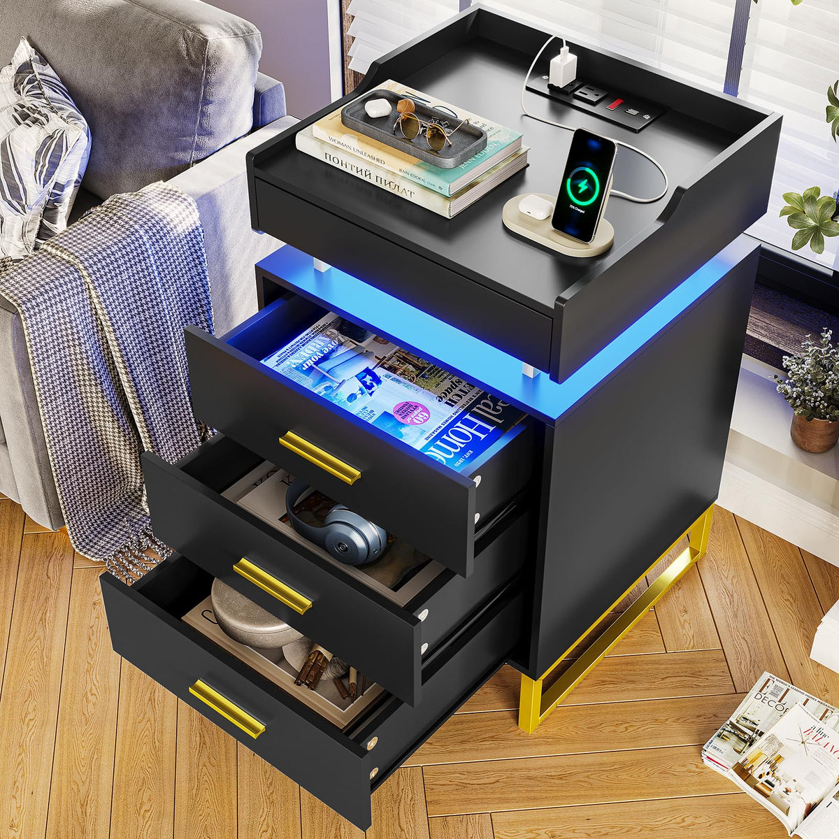 Black and Gold LED Nightstand with Charging Station H734