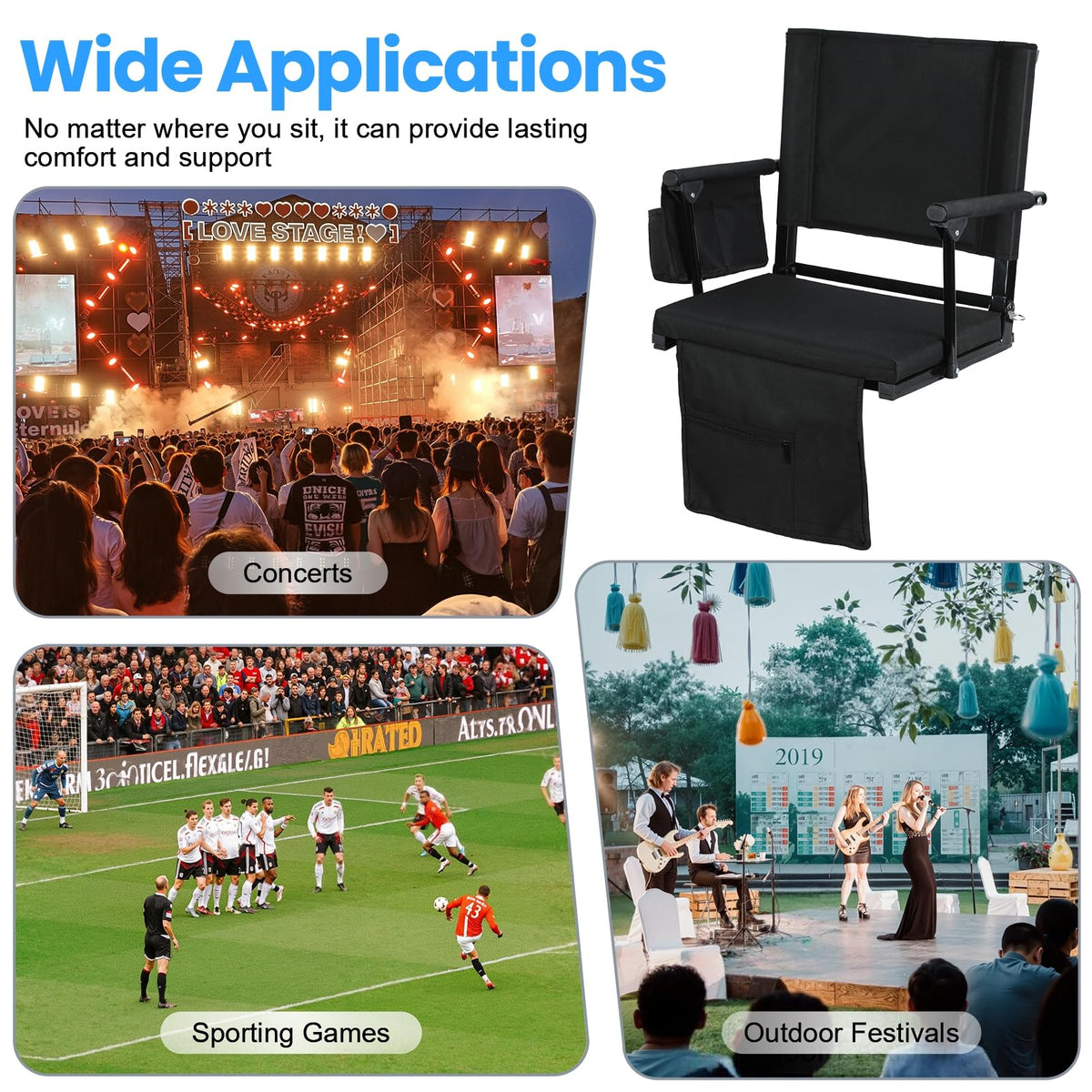 2 Pcs Folding Stadium Seat with Back Support & Cushion Black K383