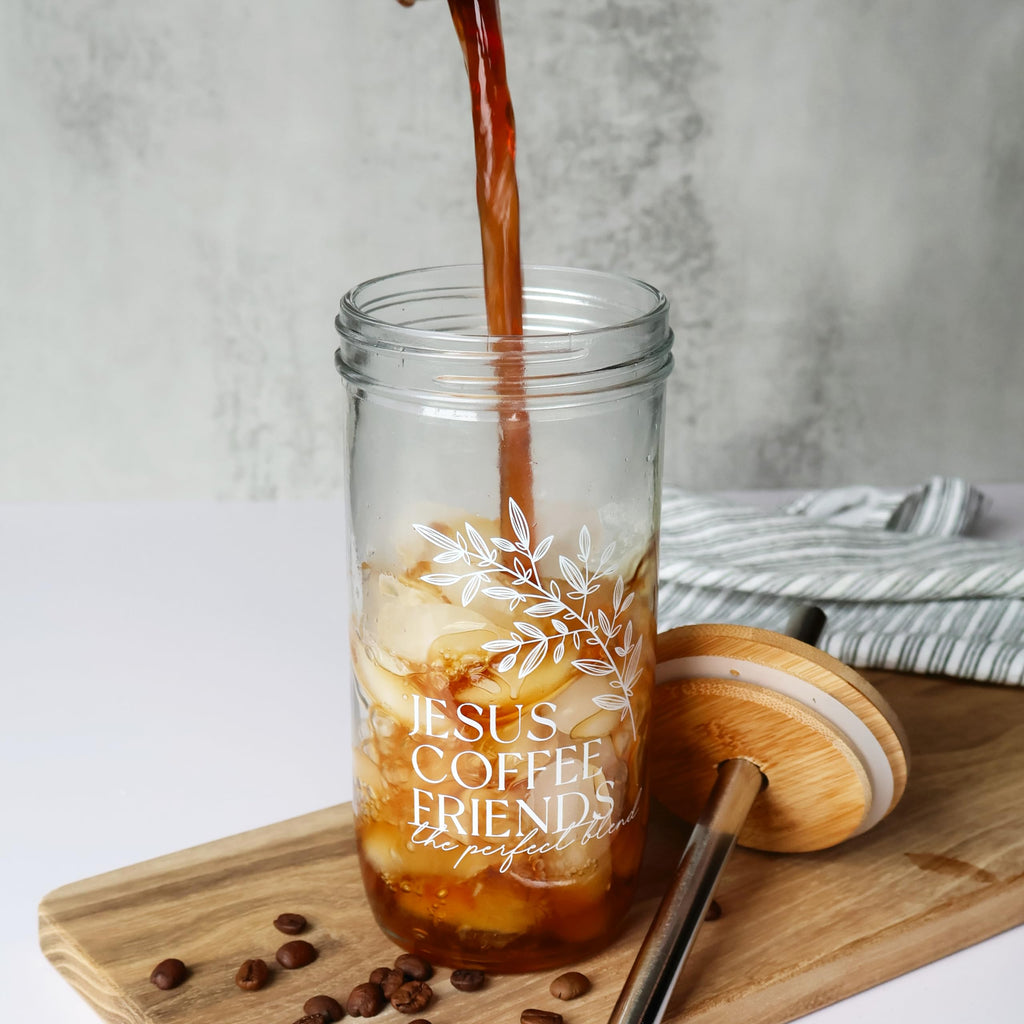 Glass Cup with Acacia Lid and Stainless Steel Straw 22 Ounce O443