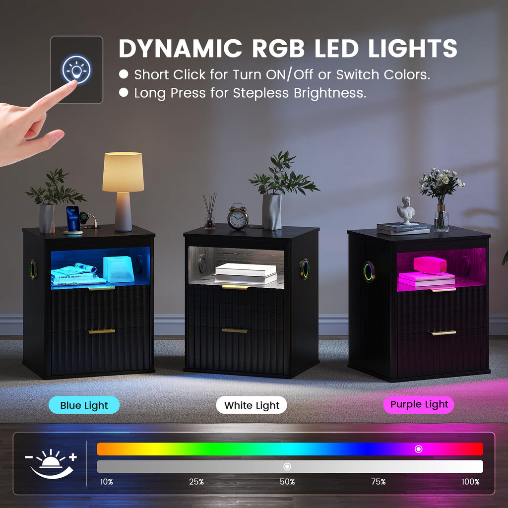 Black Smart Nightstand with Bluetooth Speaker, LED Lights, Wireless Charging, 2 Drawers & Open Shelf X4513