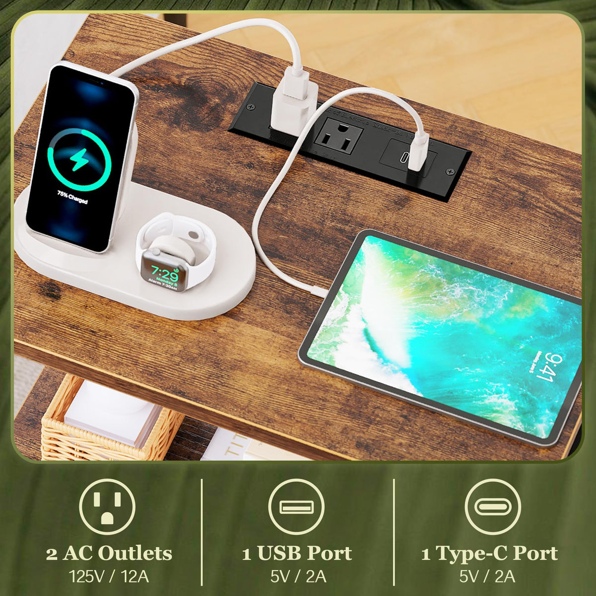 3-Tier Nightstand with Charging Station C733341