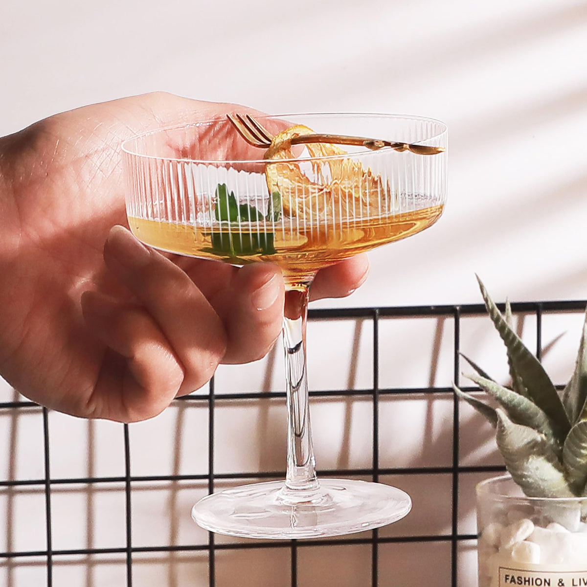 Ribbed Coupe Glasses Set of 6, 10 oz Crystal Cocktail Glassware Q802623