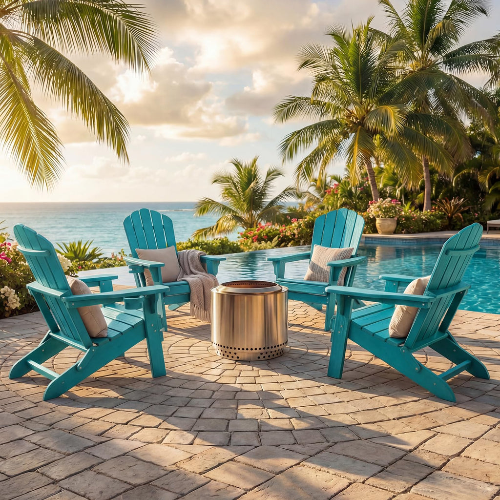 Folding Adirondack Chairs Set of 4 All-Weather Outdoor Chair with Cup Holder I251