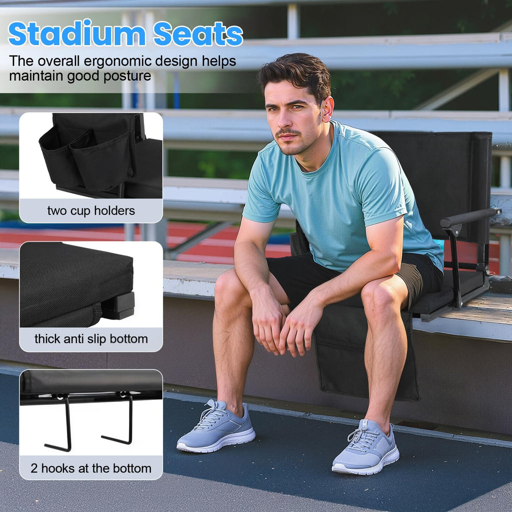 2 Pcs Folding Stadium Seat with Back Support & Cushion Black K383
