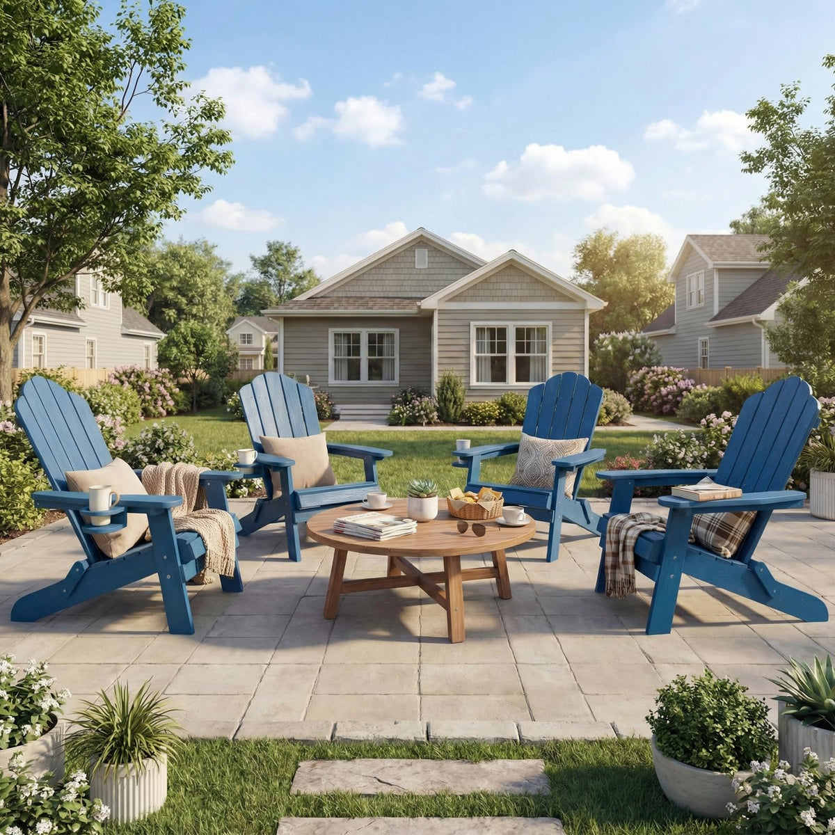 Folding Adirondack Chairs Set of 4 All-Weather Outdoor Chair with Cup Holder I251