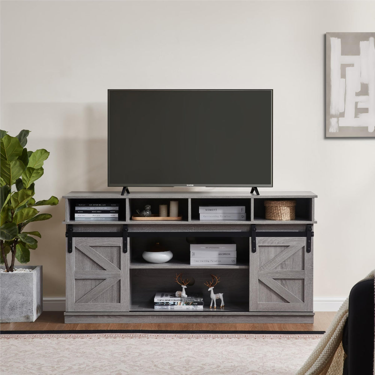 58" Grey Wood TV Stand with Sliding Barn Doors S99955