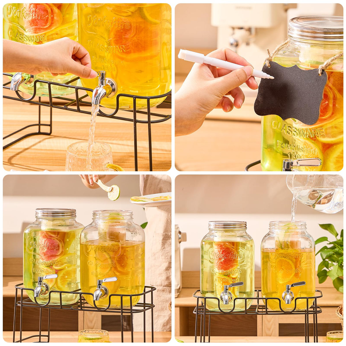 1 Gallon Glass Drink Dispenser with Stand, 2 Pack G462