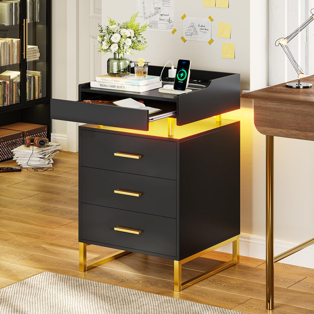 Black and Gold LED Nightstand with Charging Station H734