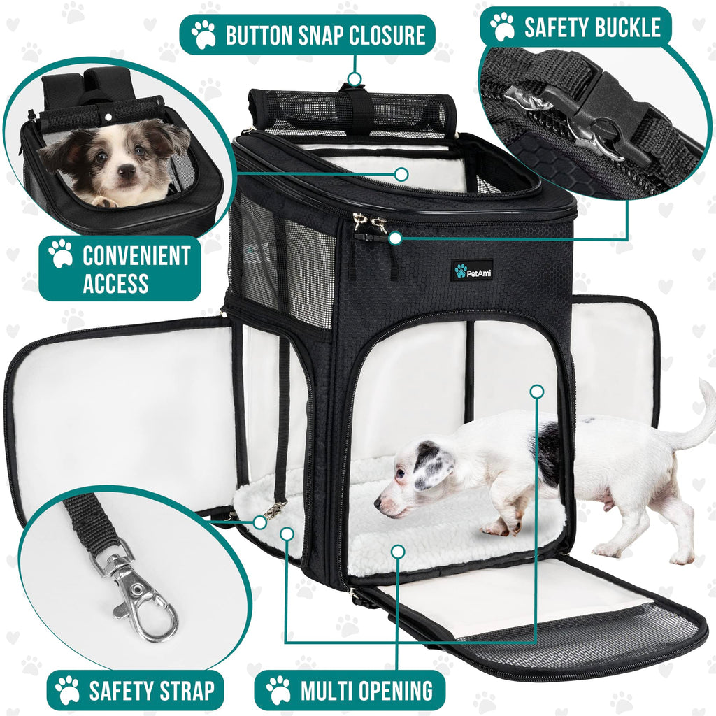 Dog Backpack Carrier, Airline Approved 4-Way Entry Cat Bag, Black L367809