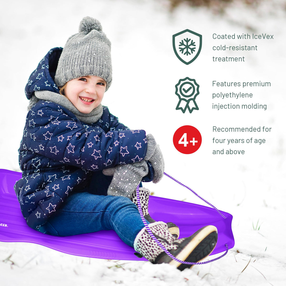 Flexible Plastic Toboggan Snow Sled with Pull Rope and Handles V9011