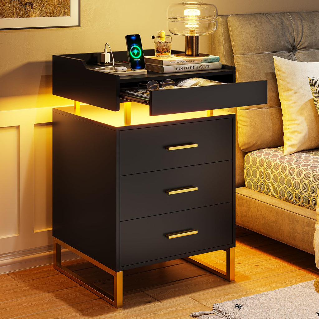 Black and Gold LED Nightstand with Charging Station H734