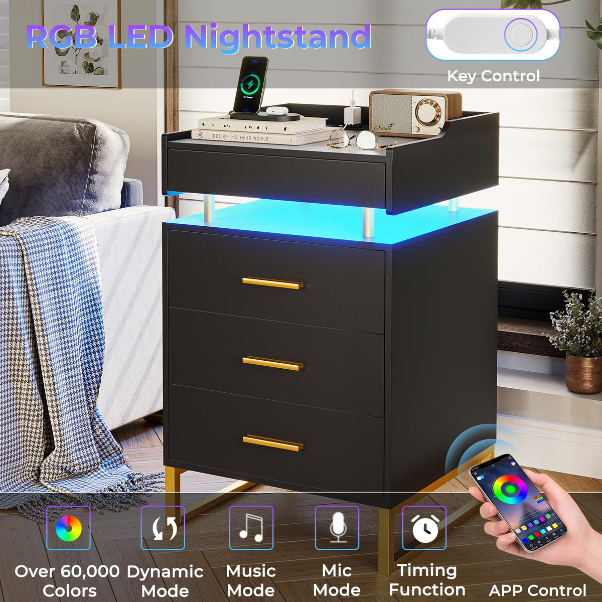 Black and Gold LED Nightstand with Charging Station H734