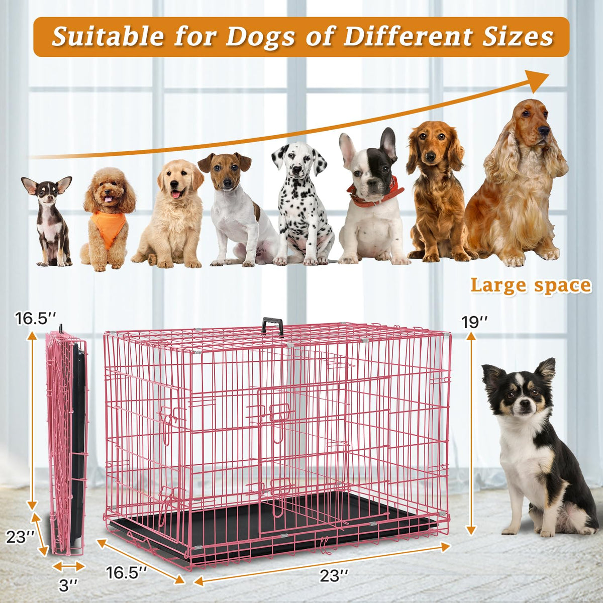 24" Pink Double Door Wire Dog Crate with Divider S5557