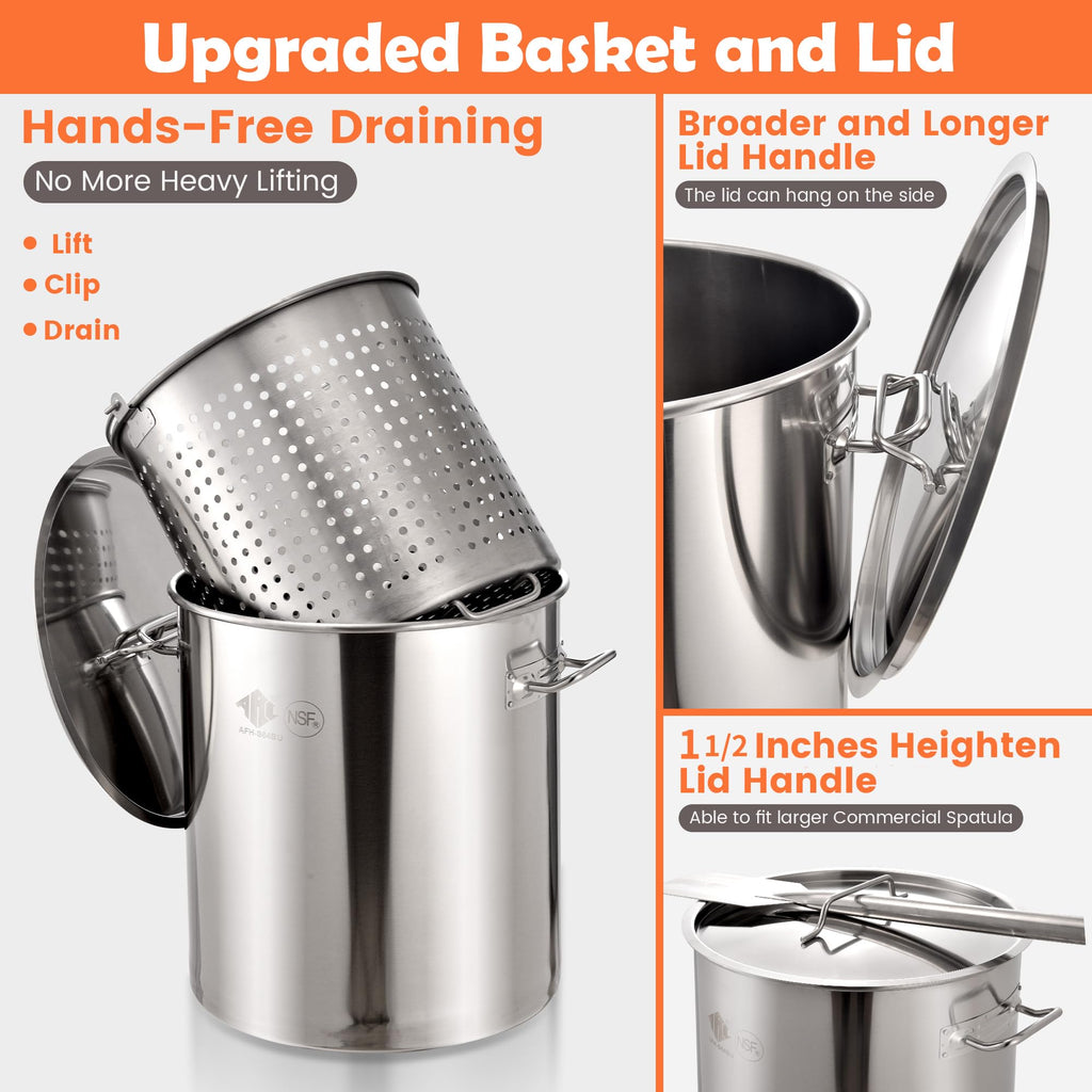 64 QT Stainless Steel Seafood Boil Pot with Basket F7842