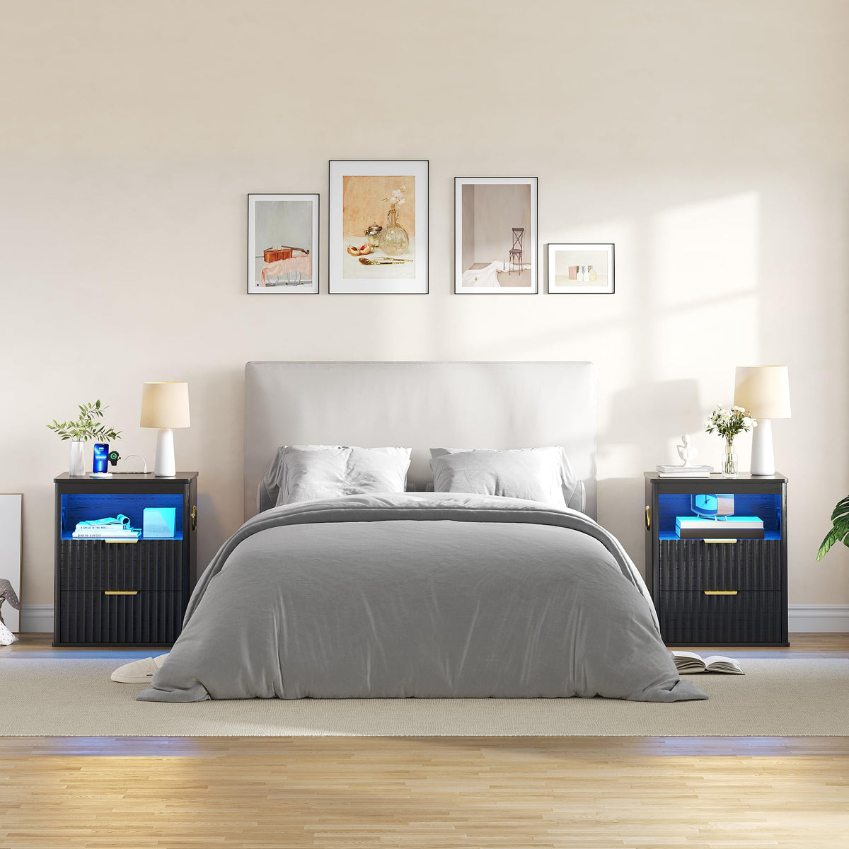 Black Smart Nightstand with Bluetooth Speaker, LED Lights, Wireless Charging, 2 Drawers & Open Shelf X4513