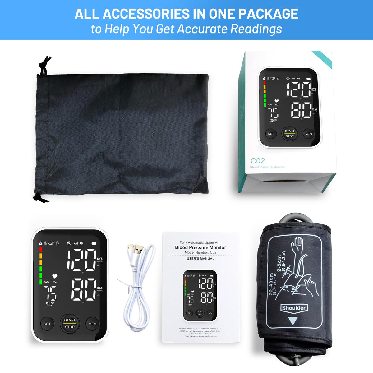 Black Upper Arm Blood Pressure Monitor with Adjustable Arm Cuff and Large Display O203549
