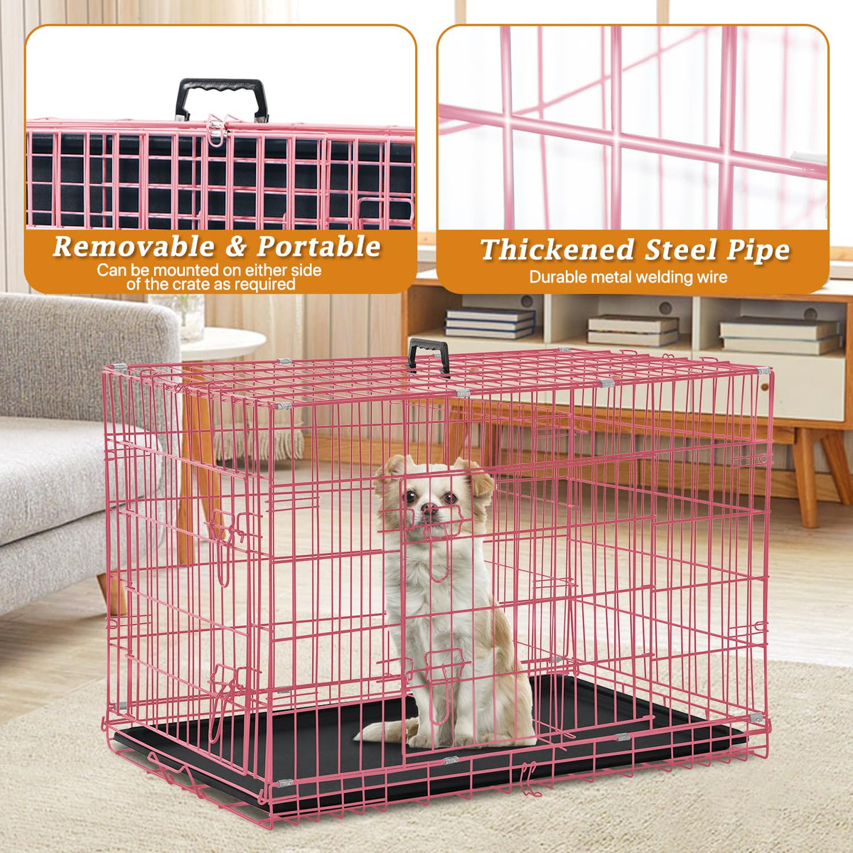 24" Pink Double Door Wire Dog Crate with Divider S5557