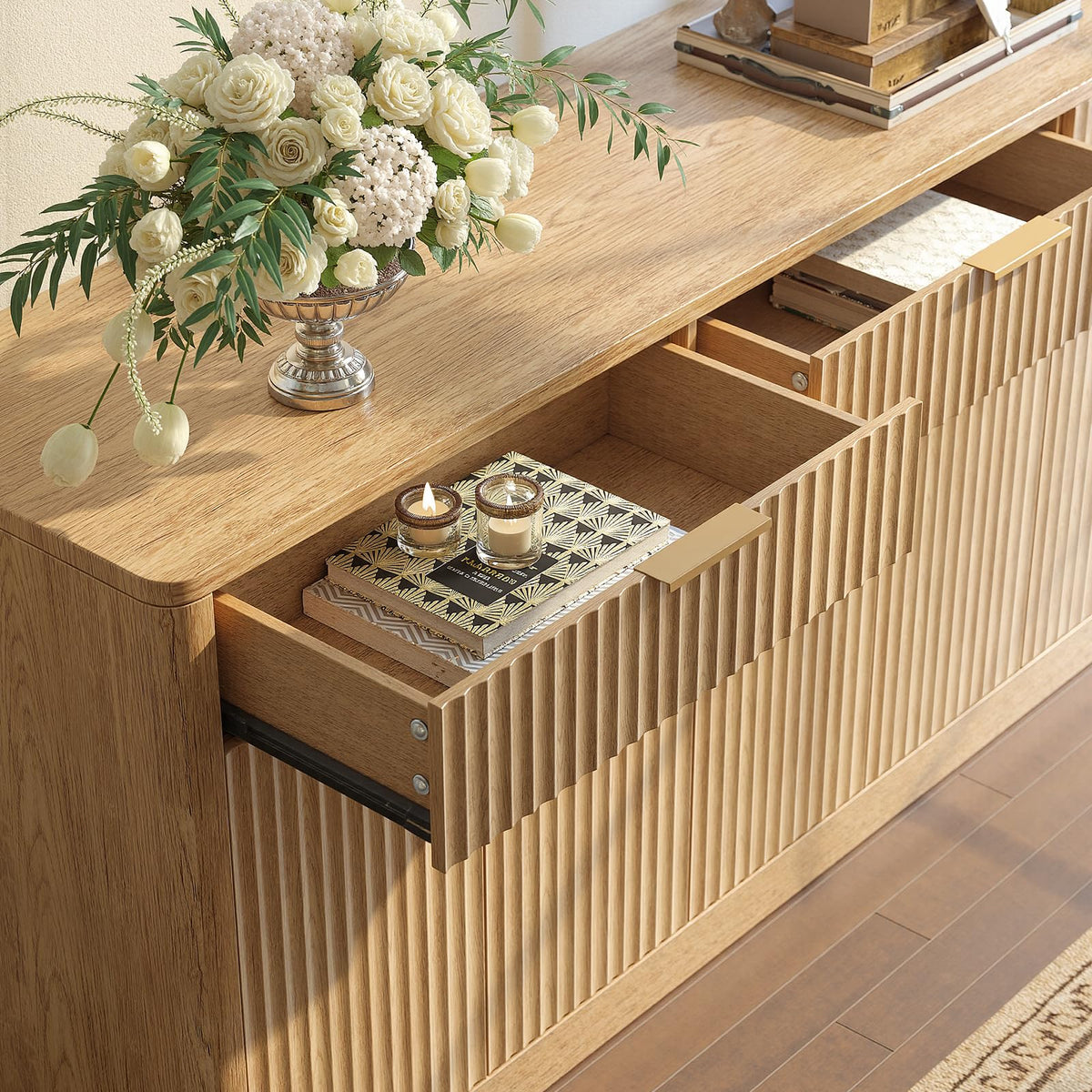 67" Fluted Oak Sideboard Buffet Cabinet with 3 Drawers T657221