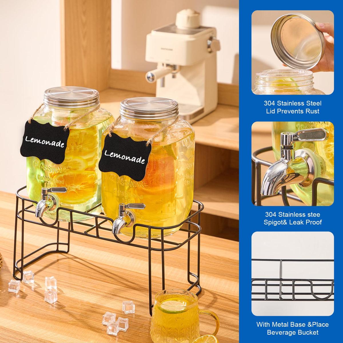 1 Gallon Glass Drink Dispenser with Stand, 2 Pack G462