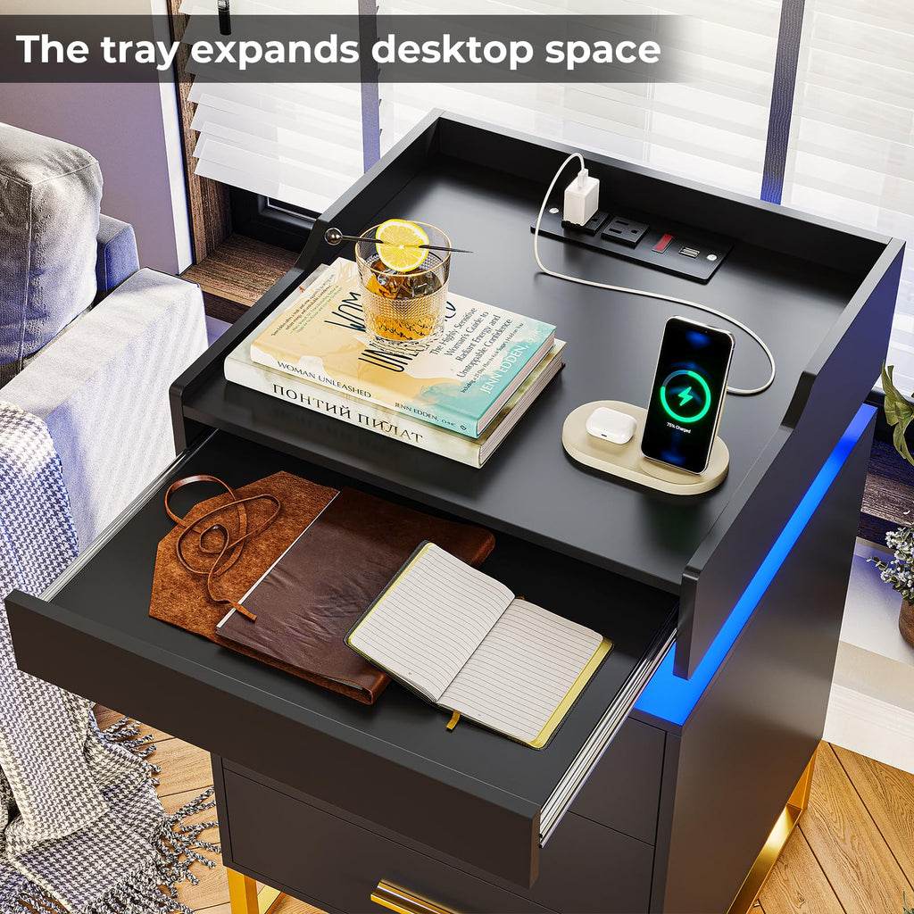 Black and Gold LED Nightstand with Charging Station H734