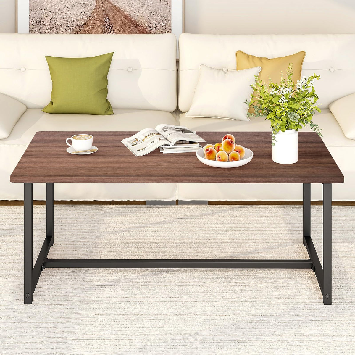 Walnut Rectangular Wood Coffee Table with Metal Frame P41799