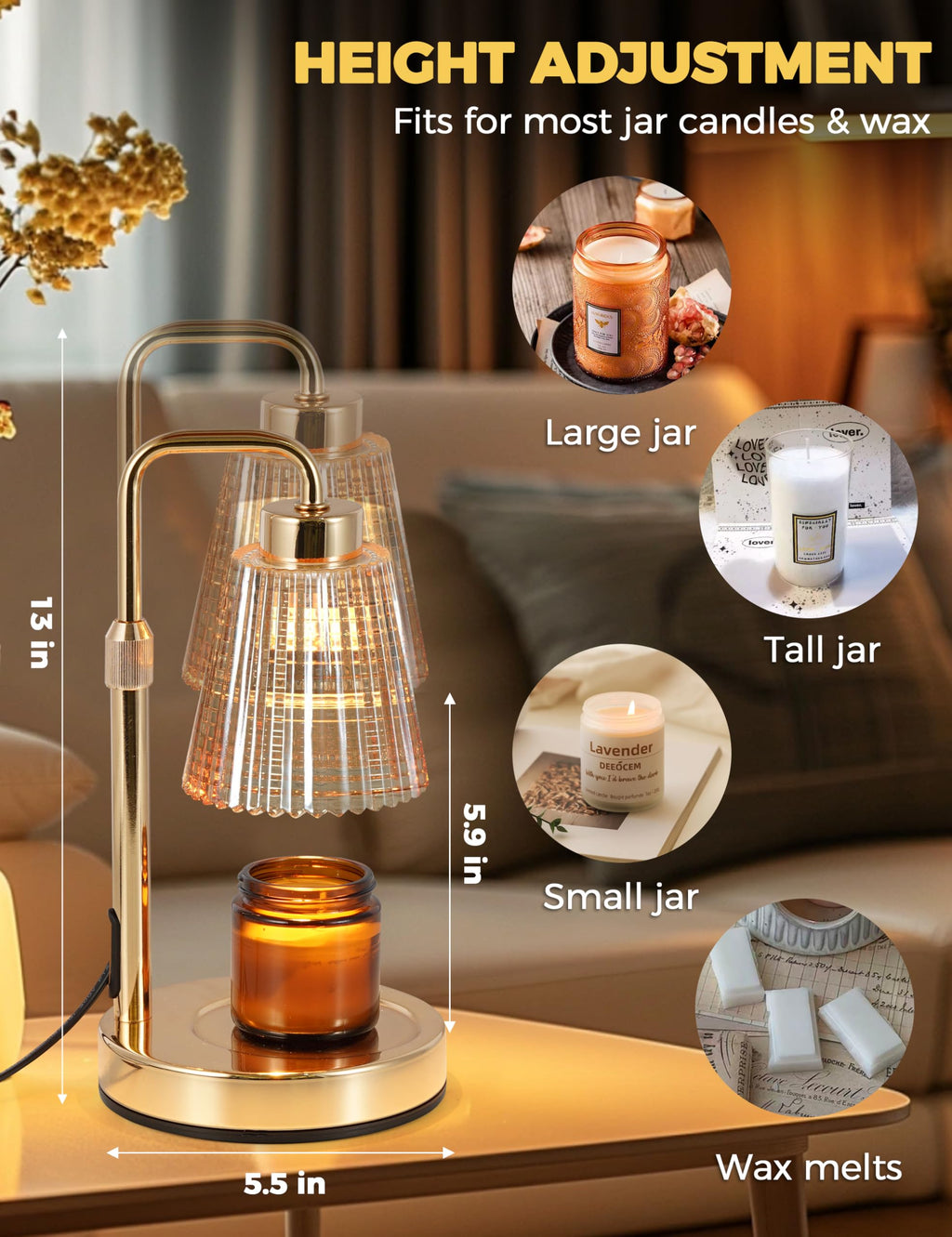 Gold Candle Warmer Lamp with Timer, Dimmable Wax Melt Warmer W25943