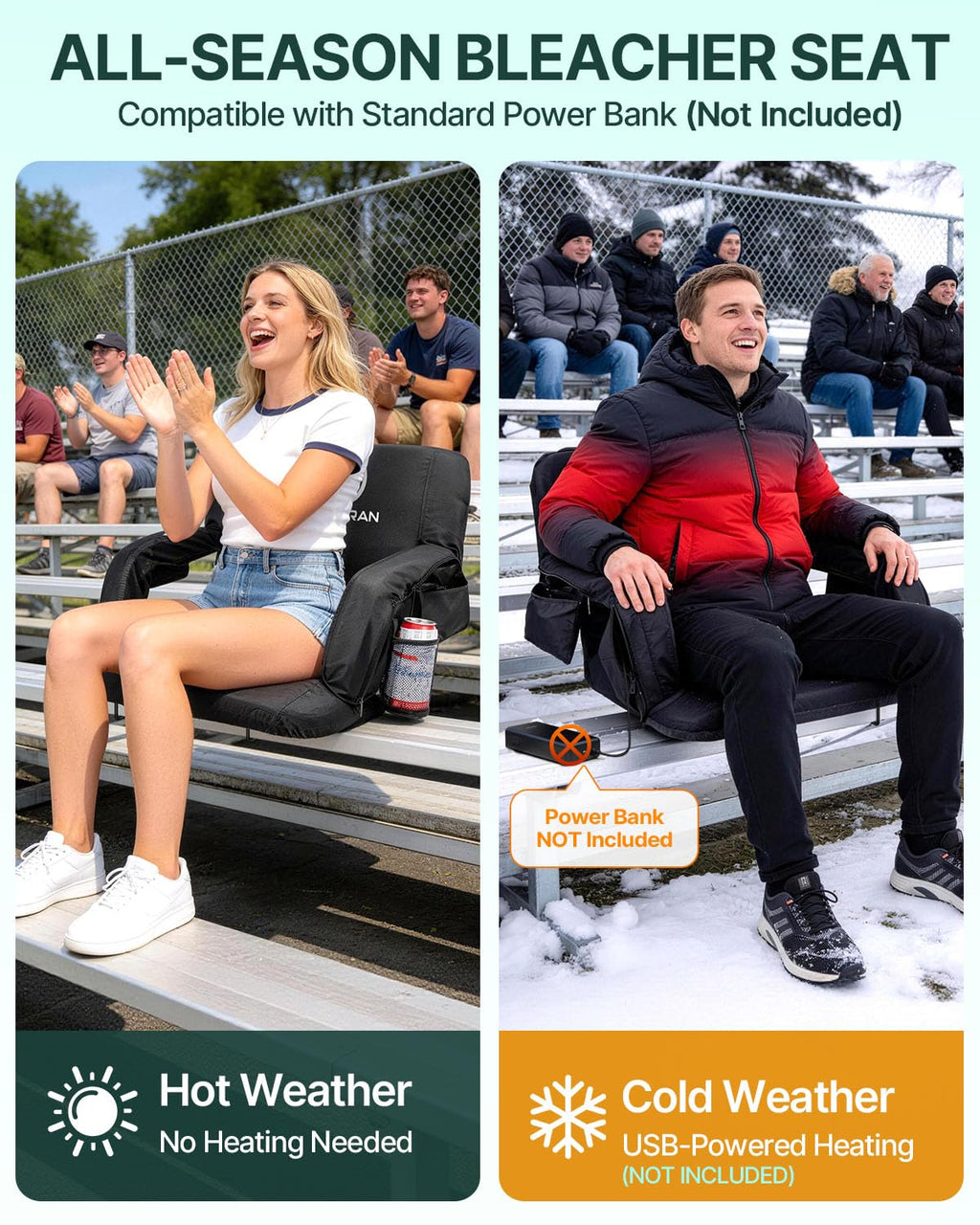 25" Heated Stadium Seats for Bleachers with Back Support, Black 2PC P3846