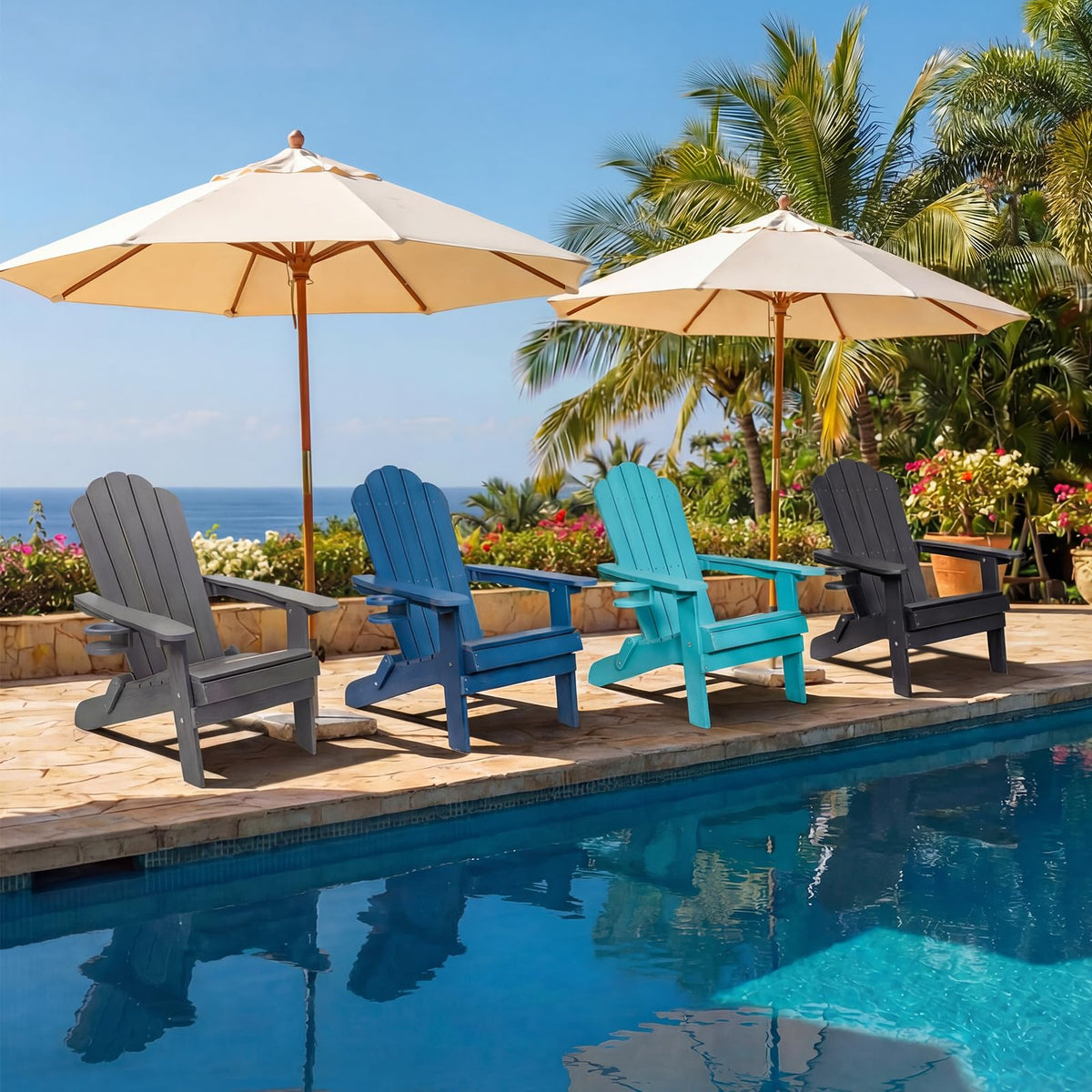 Folding Adirondack Chairs Set of 4 All-Weather Outdoor Chair with Cup Holder I251