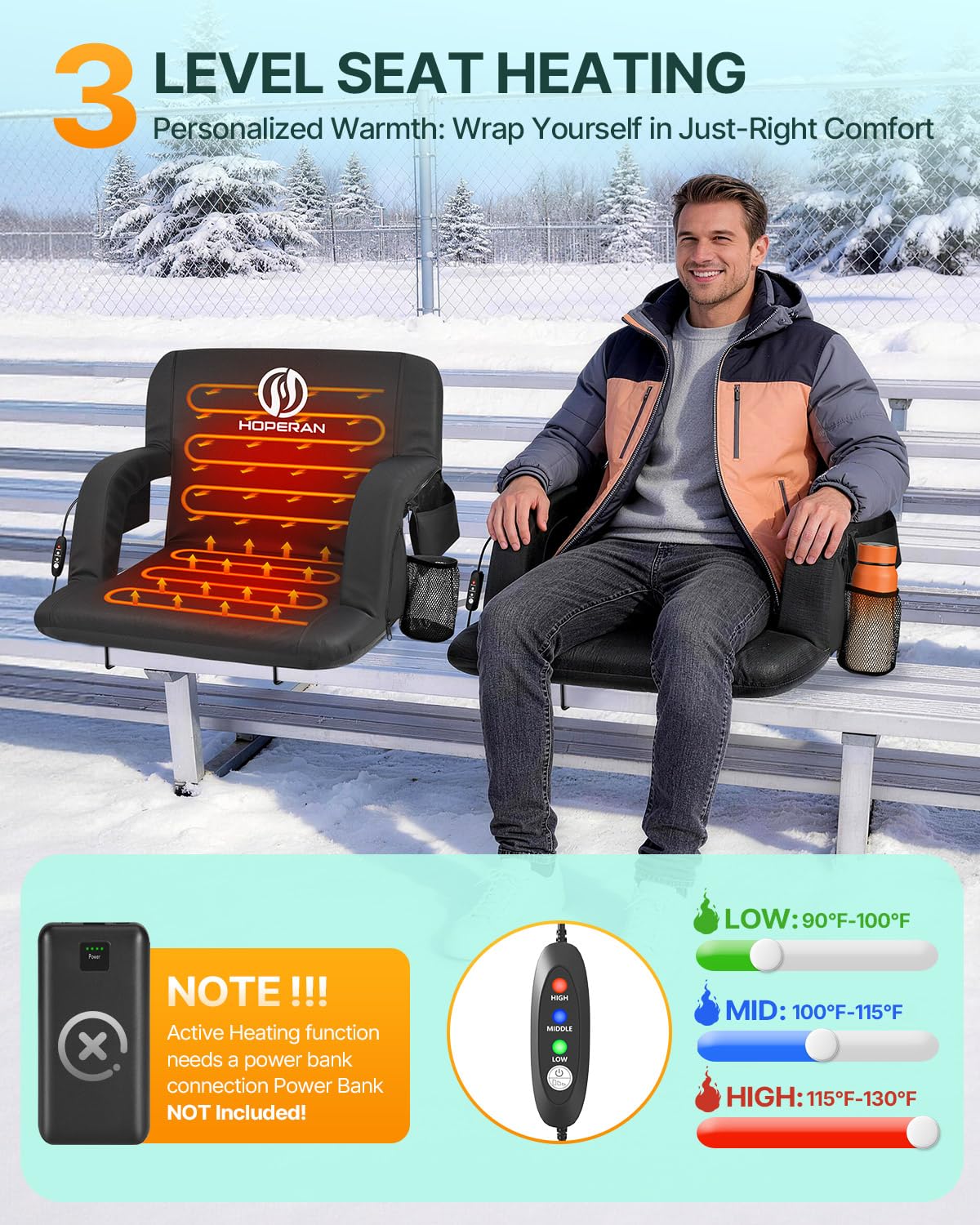 25" Heated Stadium Seats for Bleachers with Back Support, Black 2PC P3846