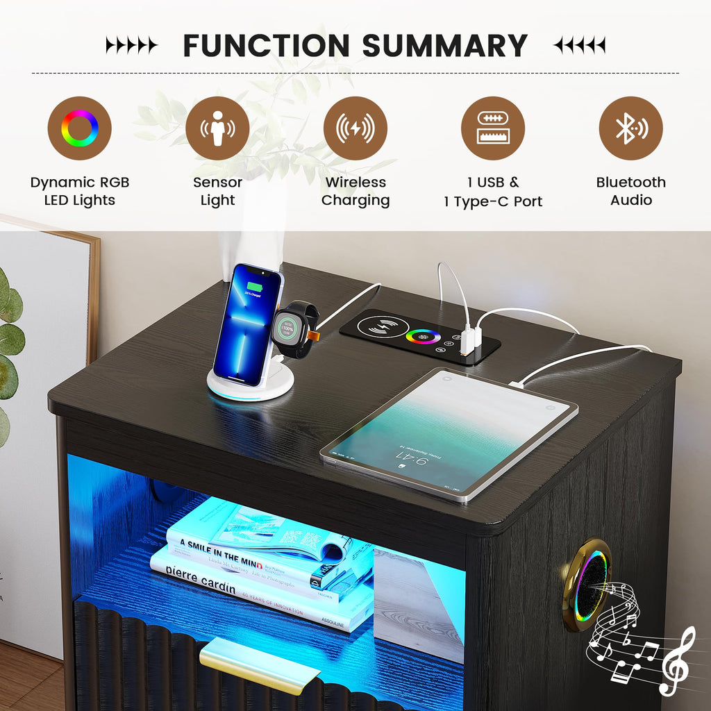 Black Smart Nightstand with Bluetooth Speaker, LED Lights, Wireless Charging, 2 Drawers & Open Shelf X4513