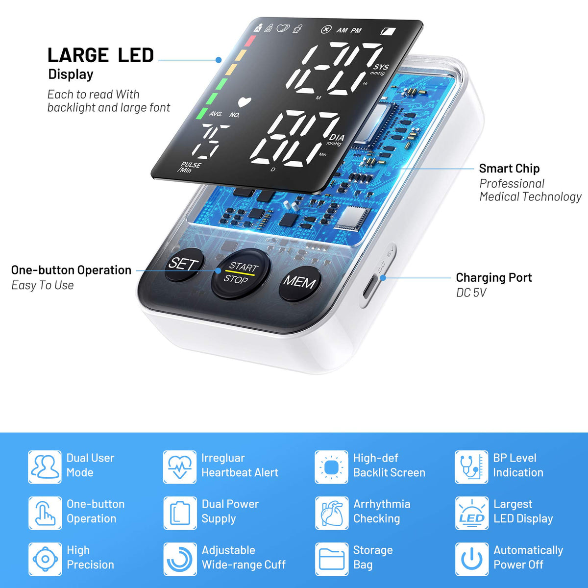 Black Upper Arm Blood Pressure Monitor with Adjustable Arm Cuff and Large Display O203549