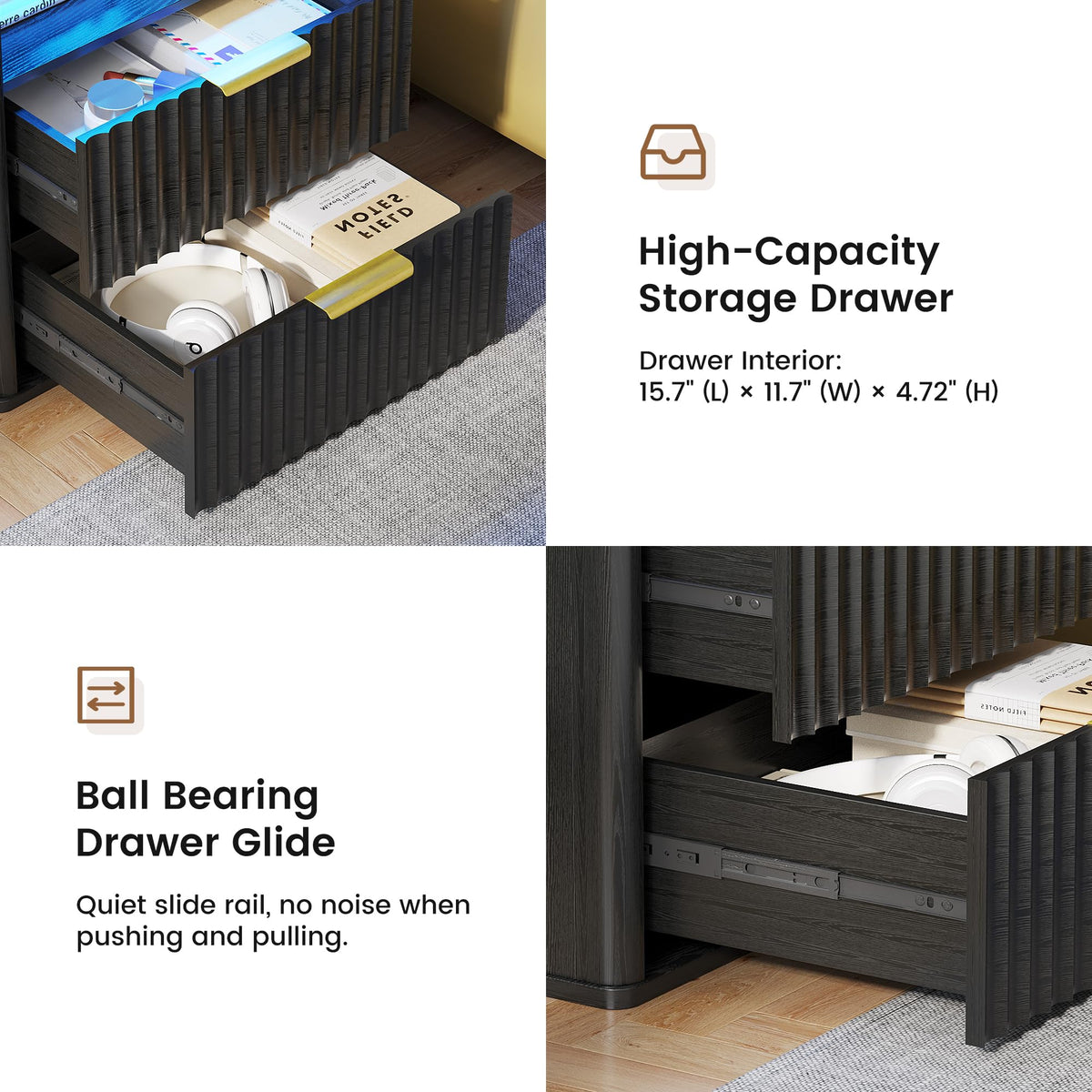 Black Smart Nightstand with Bluetooth Speaker, LED Lights, Wireless Charging, 2 Drawers & Open Shelf X4513