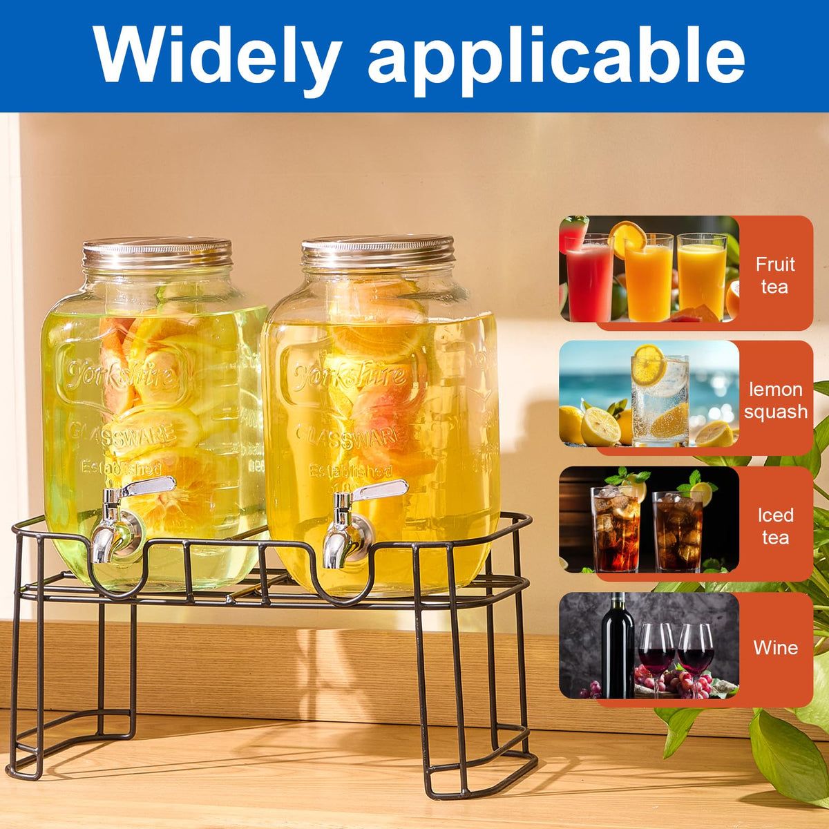 1 Gallon Glass Drink Dispenser with Stand, 2 Pack G462