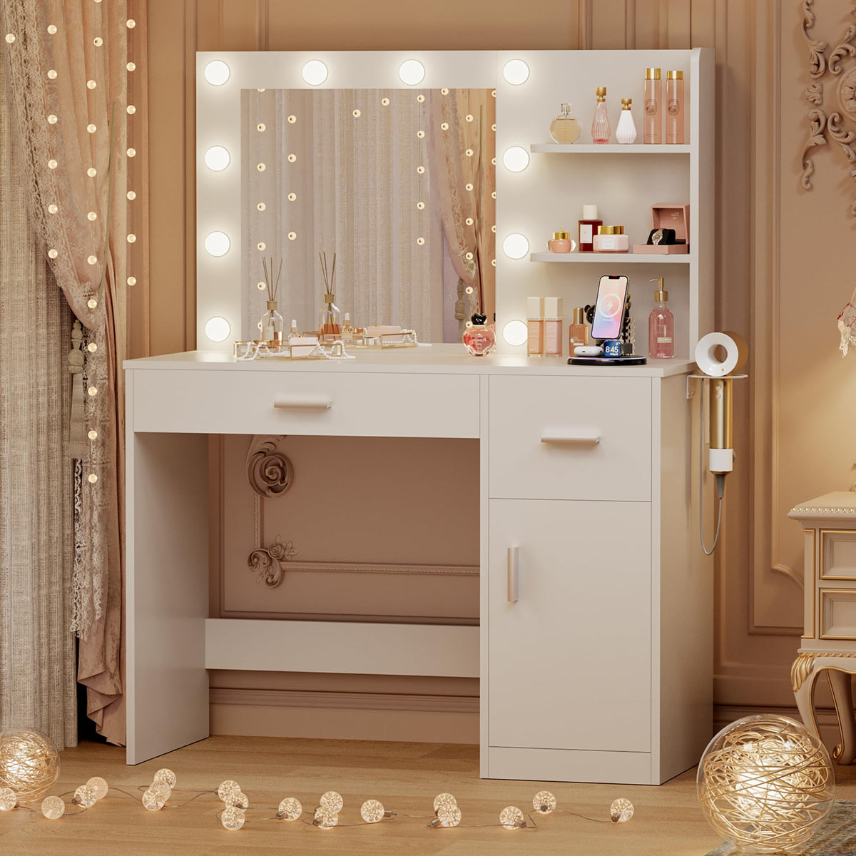 White Vanity Desk with Mirror & Charging Station P921713