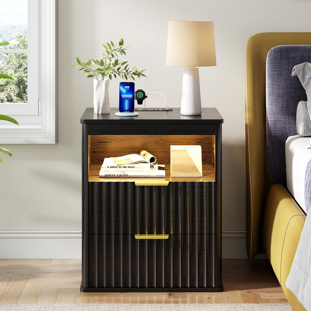 Black Smart Nightstand with Bluetooth Speaker, LED Lights, Wireless Charging, 2 Drawers & Open Shelf X4513