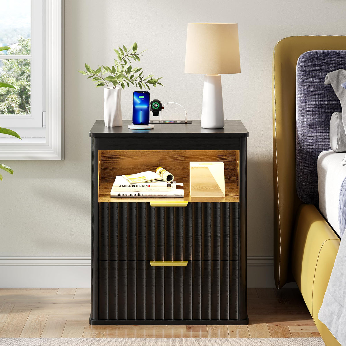 Black Smart Nightstand with Bluetooth Speaker, LED Lights, Wireless Charging, 2 Drawers & Open Shelf X4513
