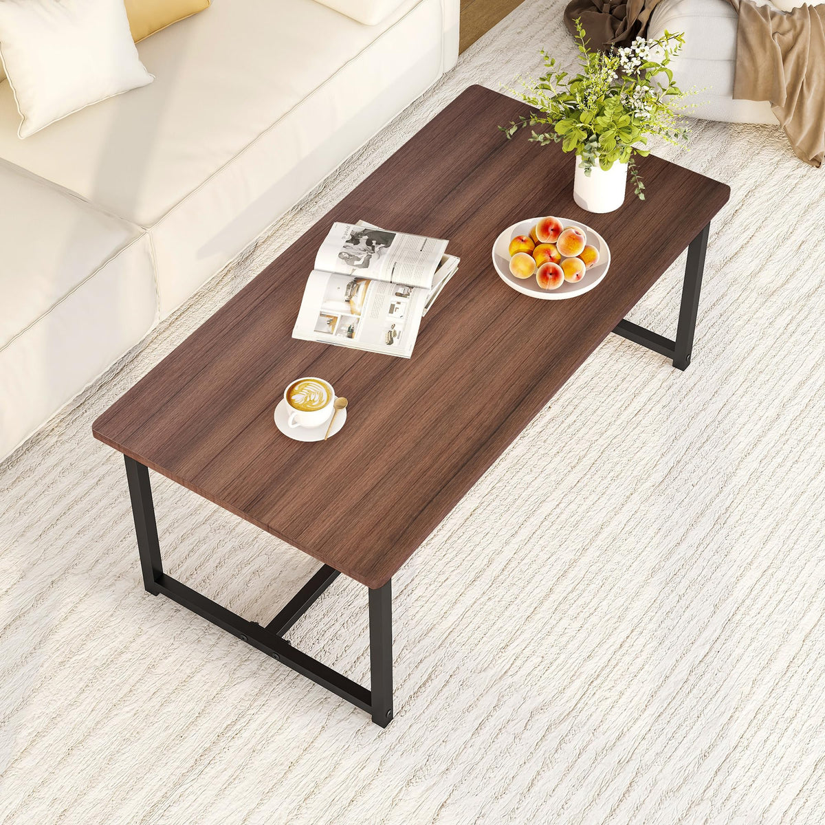 Walnut Rectangular Wood Coffee Table with Metal Frame P41799
