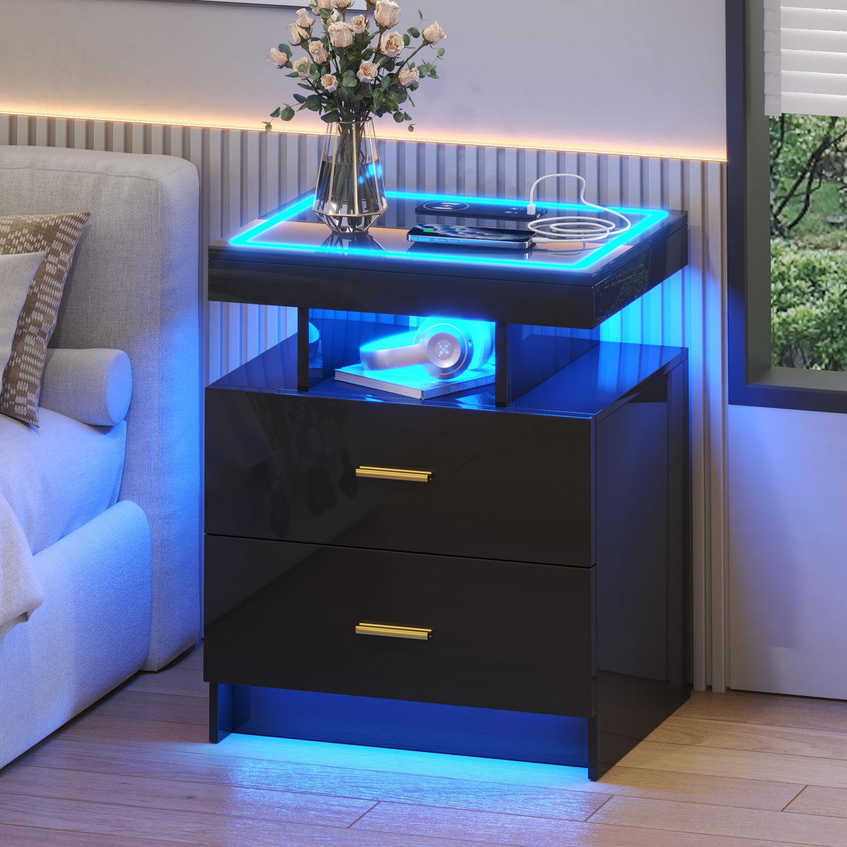 Black LED Nightstand with Wireless Charging Station S9880