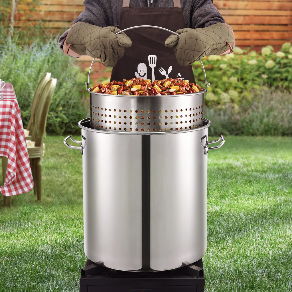 64 QT Stainless Steel Seafood Boil Pot with Basket F7842