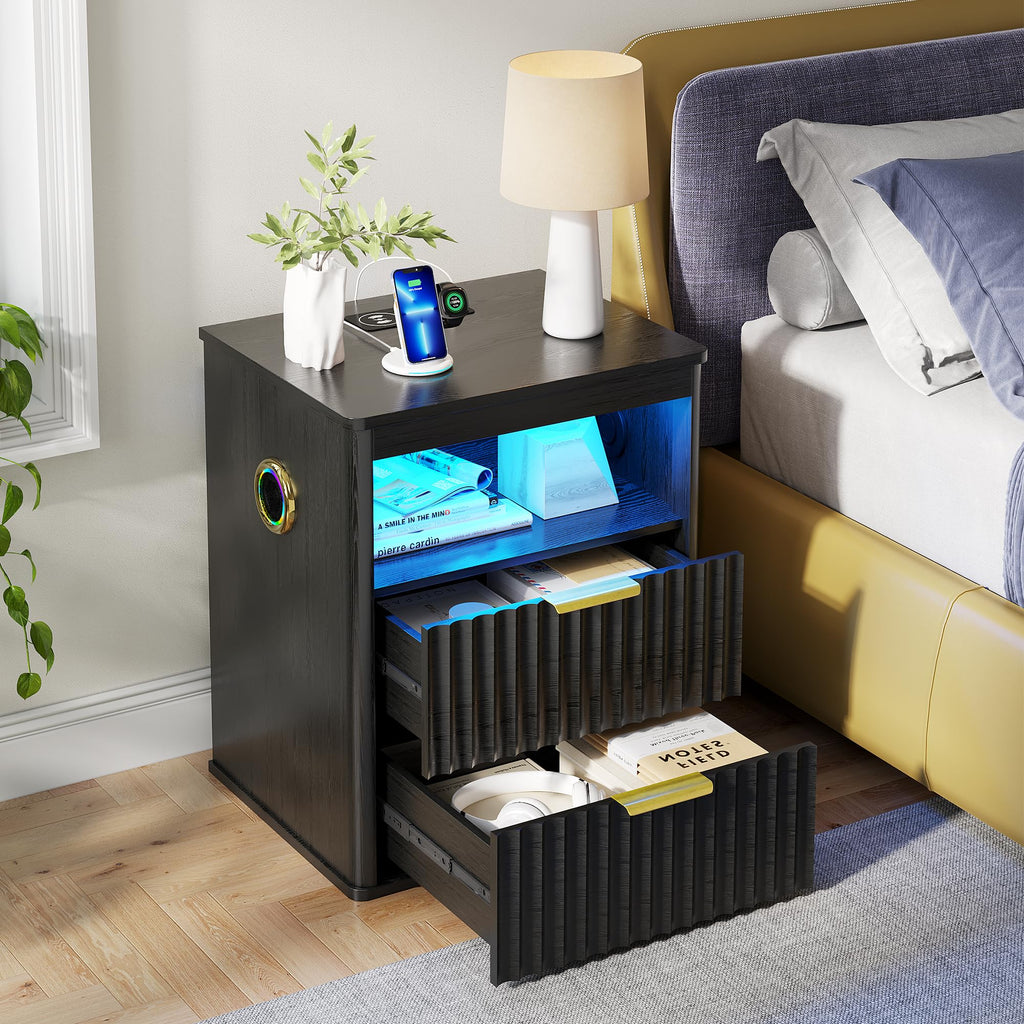 Black Smart Nightstand with Bluetooth Speaker, LED Lights, Wireless Charging, 2 Drawers & Open Shelf X4513