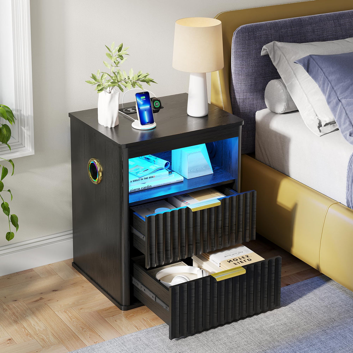 Black Smart Nightstand with Bluetooth Speaker, LED Lights, Wireless Charging, 2 Drawers & Open Shelf X4513