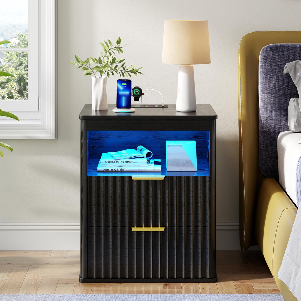 Black Smart Nightstand with Bluetooth Speaker, LED Lights, Wireless Charging, 2 Drawers & Open Shelf X4513
