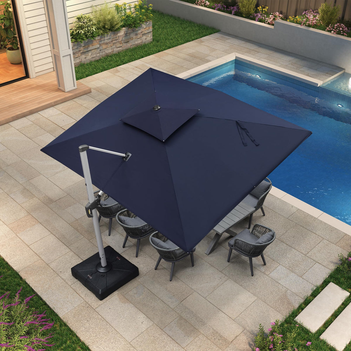 Navy Blue 9' X 12' Patio Cantilever Umbrella with Base R46591