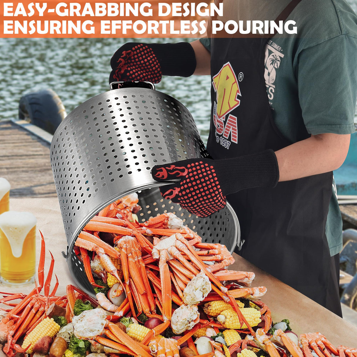 64 QT Stainless Steel Seafood Boil Pot with Basket F7842